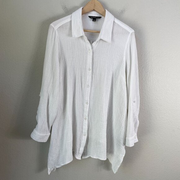 Zac & Rachel Woman Plus 2X White Button Up Gauzy Textured Tunic Top Shirt - Picture 1 of 9